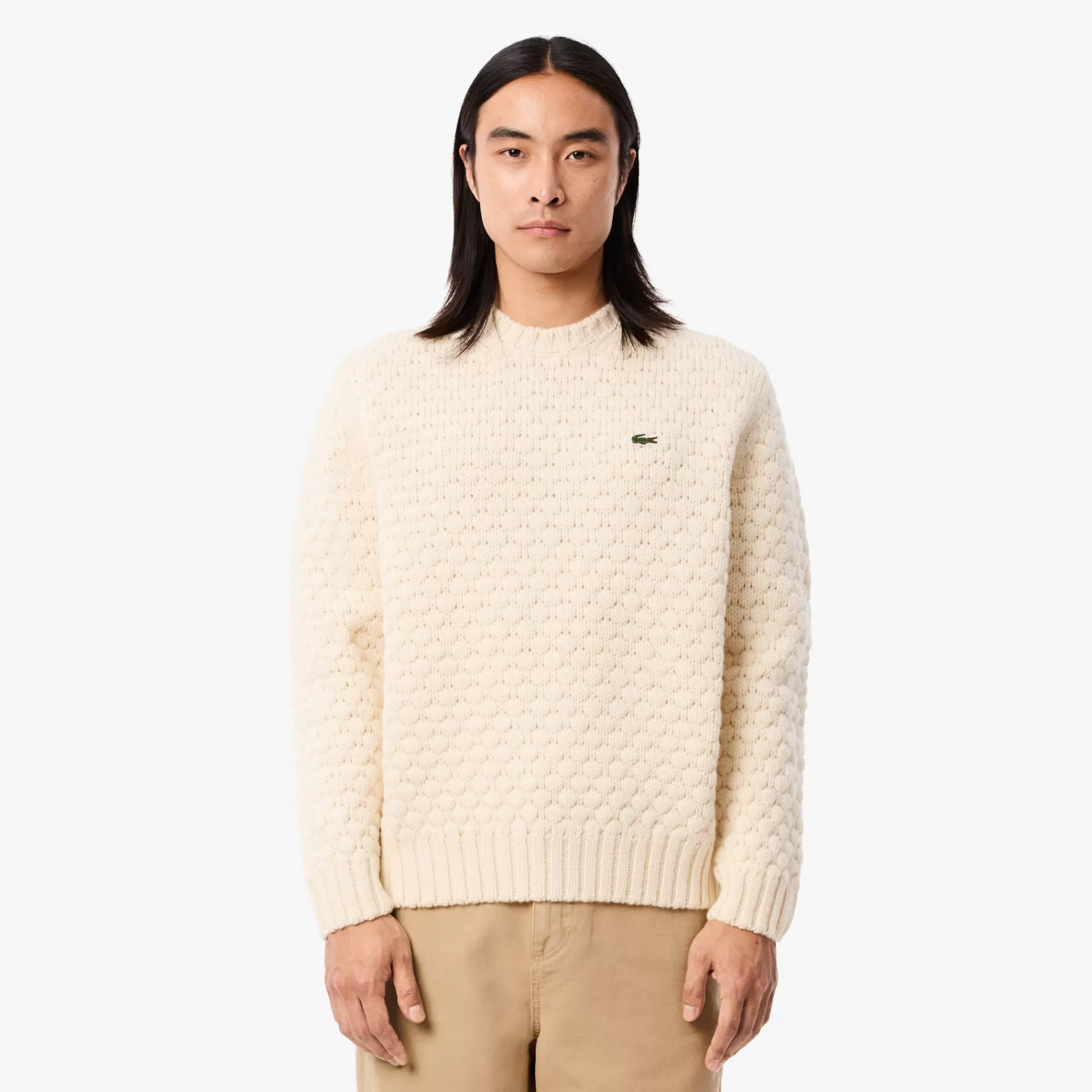 LACOSTE Malhas^Sweater com Decote Redondo de Lã Cardada Grossa