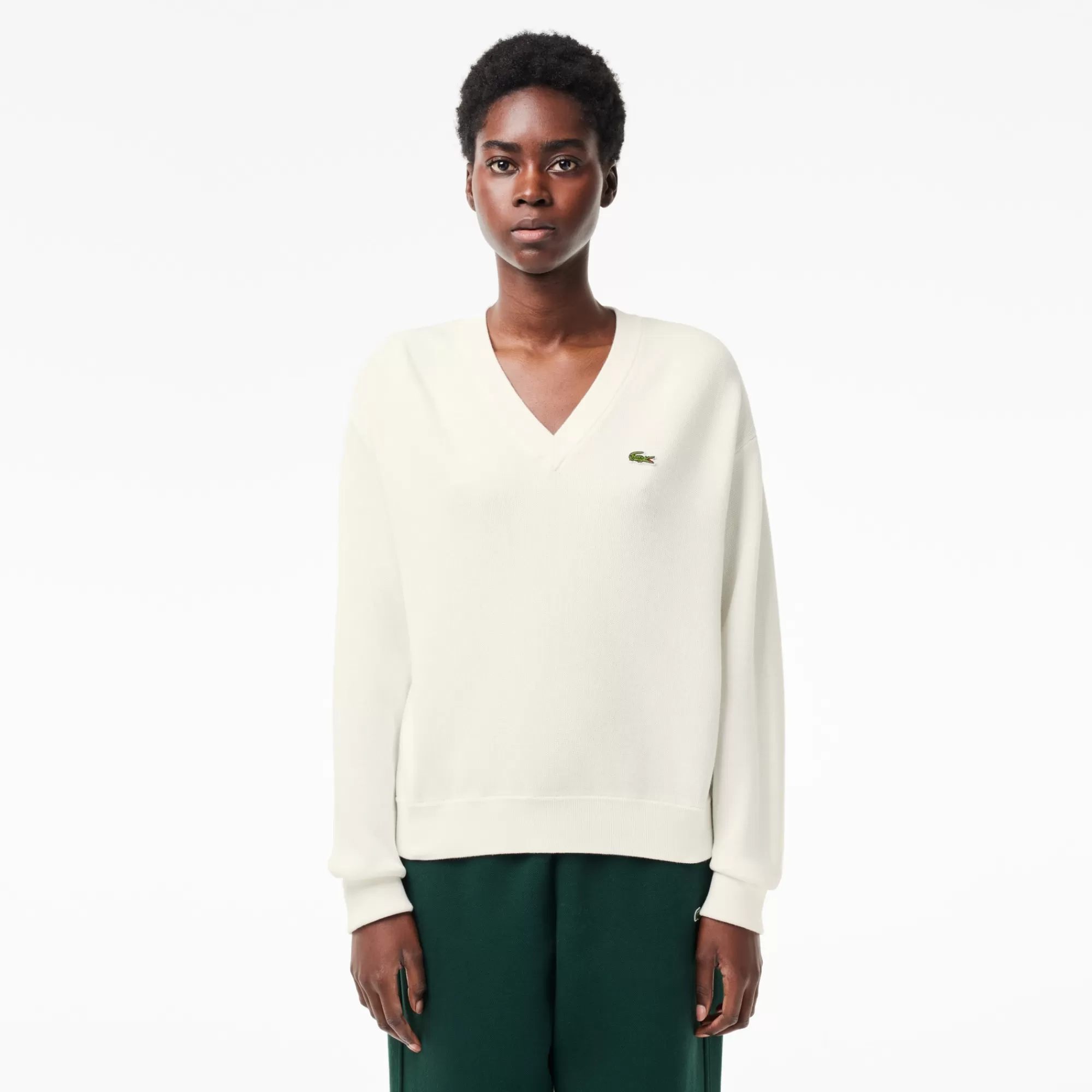 MULHER LACOSTE Malhas^Sweater de Algodão em Ponto de Musgo com Decote em V