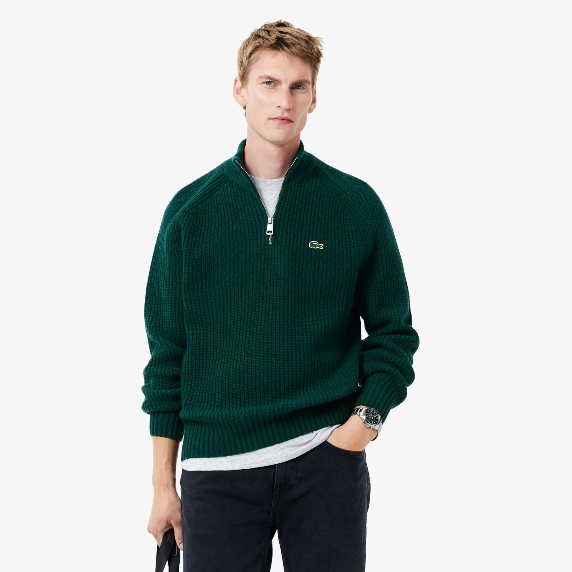 LACOSTE Malhas^Sweater de Gola Alta em Lã Cardada com Fecho