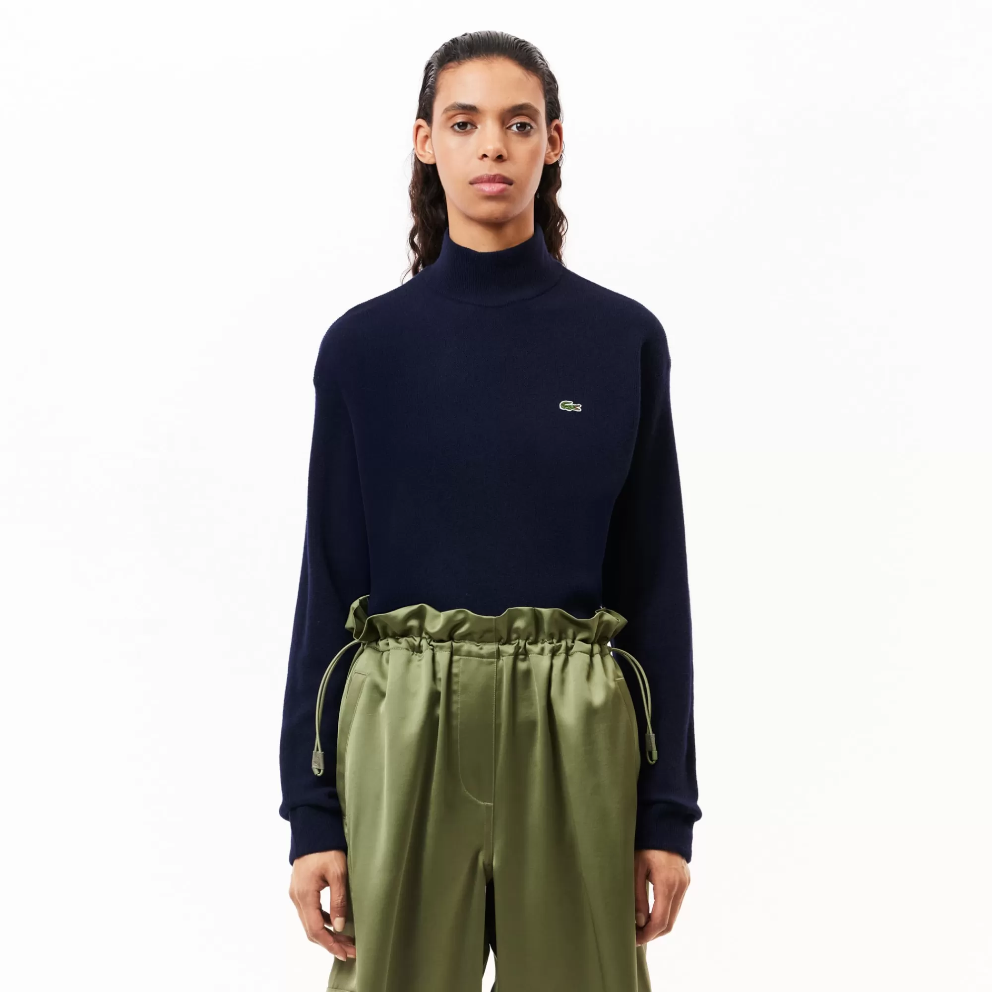 MULHER LACOSTE Malhas^Sweater de Lã Cardada com Gola Alta Relaxed Fit