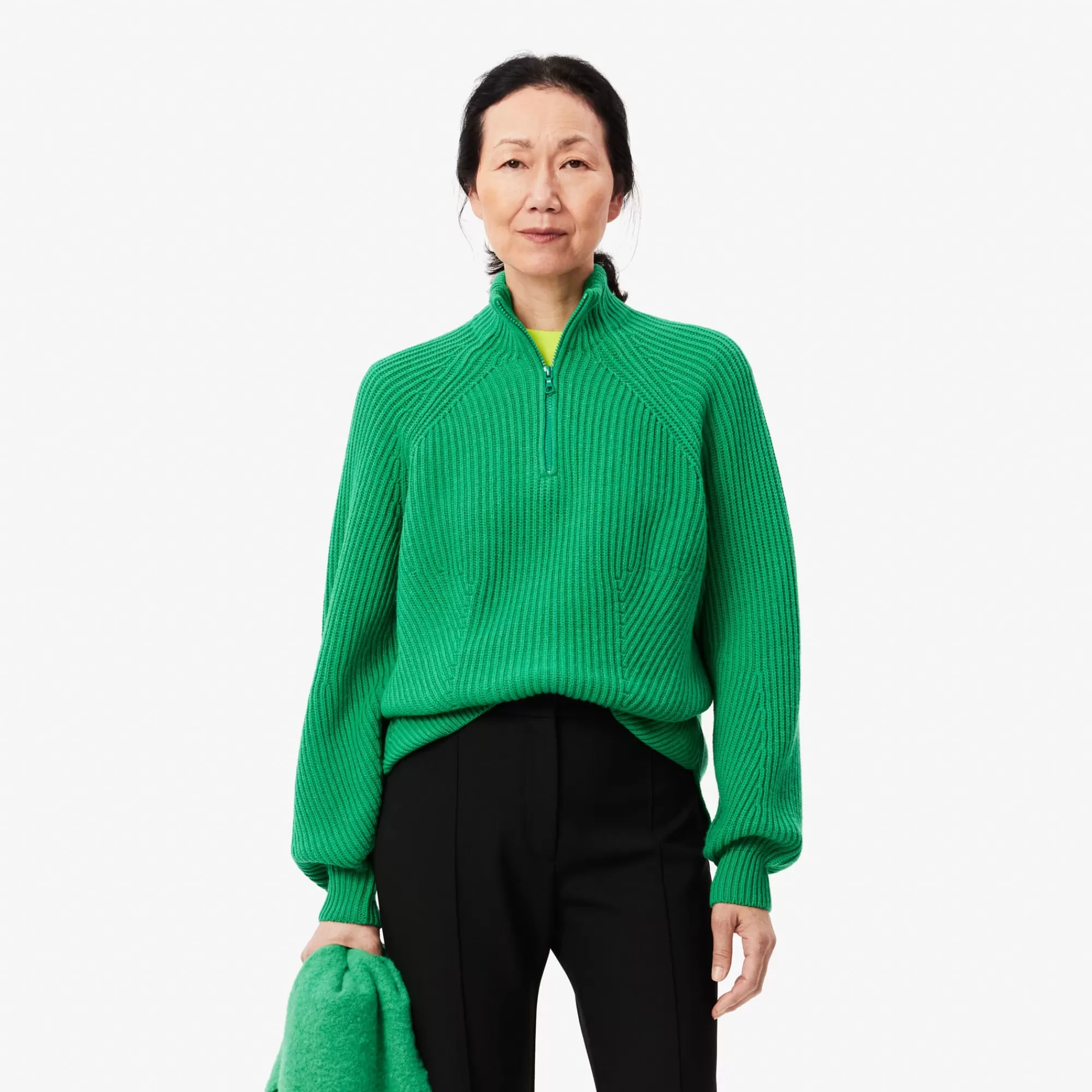 MULHER LACOSTE Malhas^Sweater de Malha em Lã Perolada com Gola com Fecho