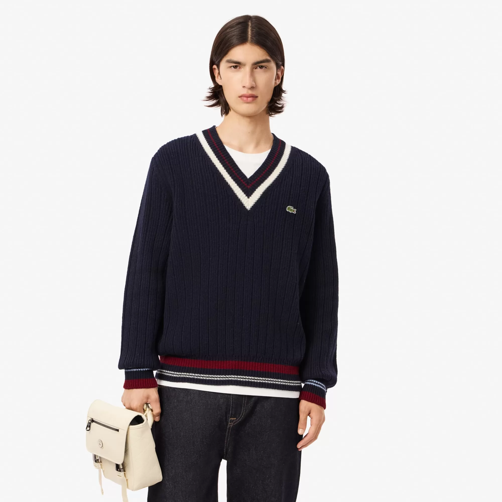 LACOSTE Malhas^Sweater Estilo Ténis de Lã Cardada