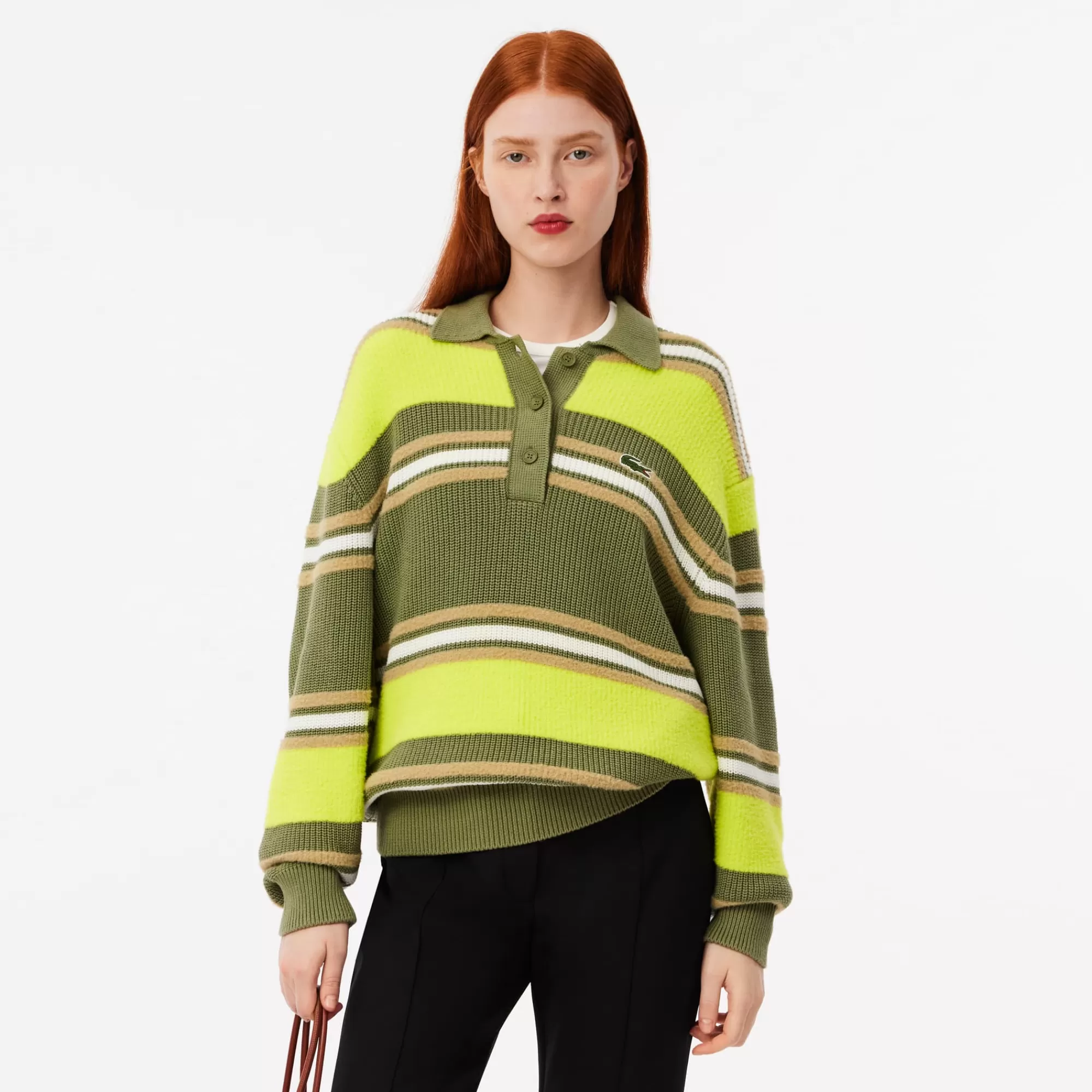 MULHER LACOSTE Malhas^Sweater Polo de Malha Canelada às Riscas