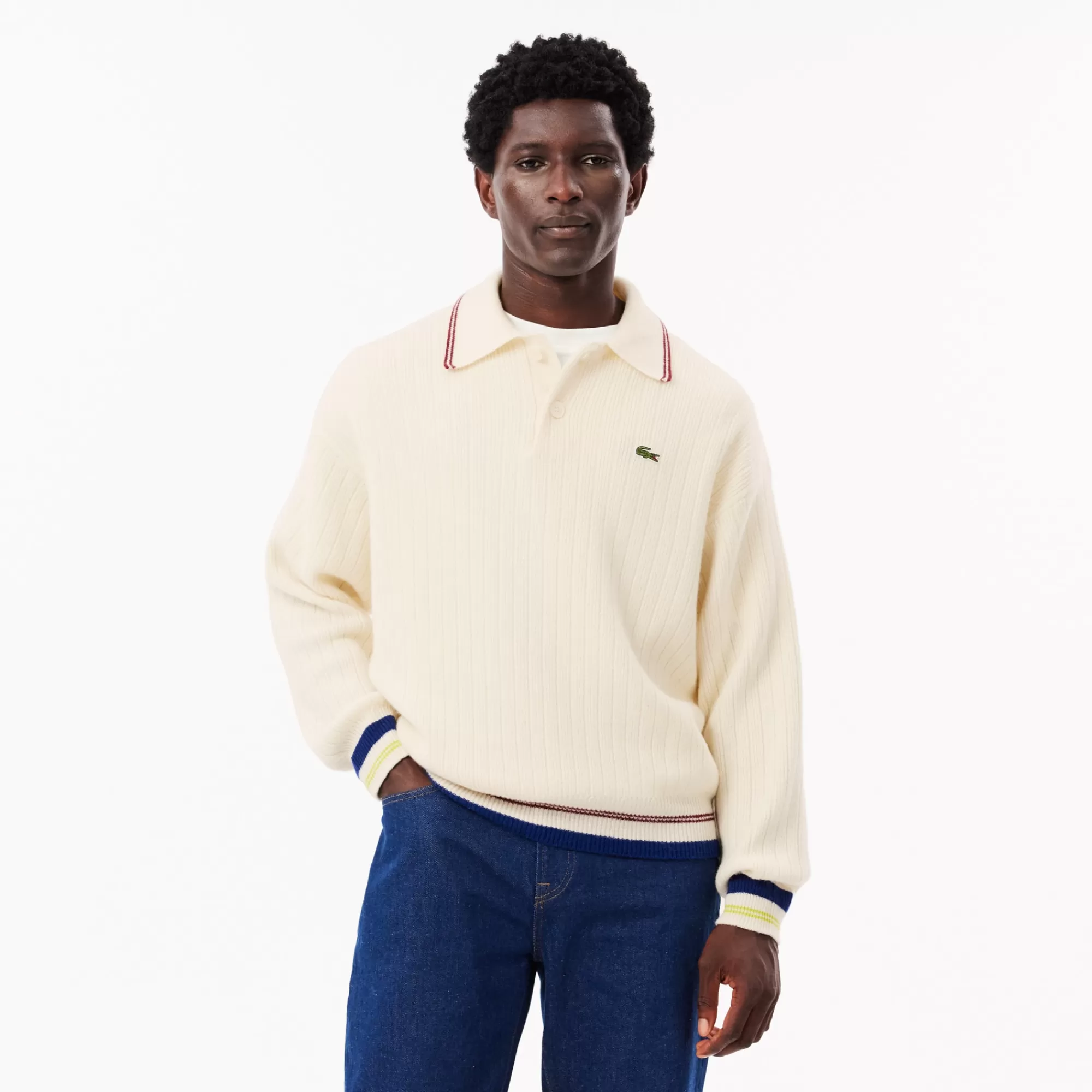 LACOSTE Malhas^Sweater Polo Relaxed Fit de Lã Cardada