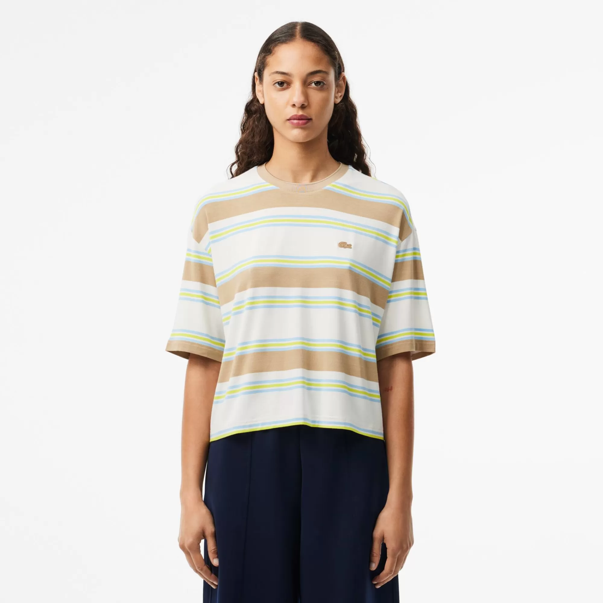 MULHER LACOSTE T-Shirts^T-shirt de Algodão Oversize Fluida com Listras