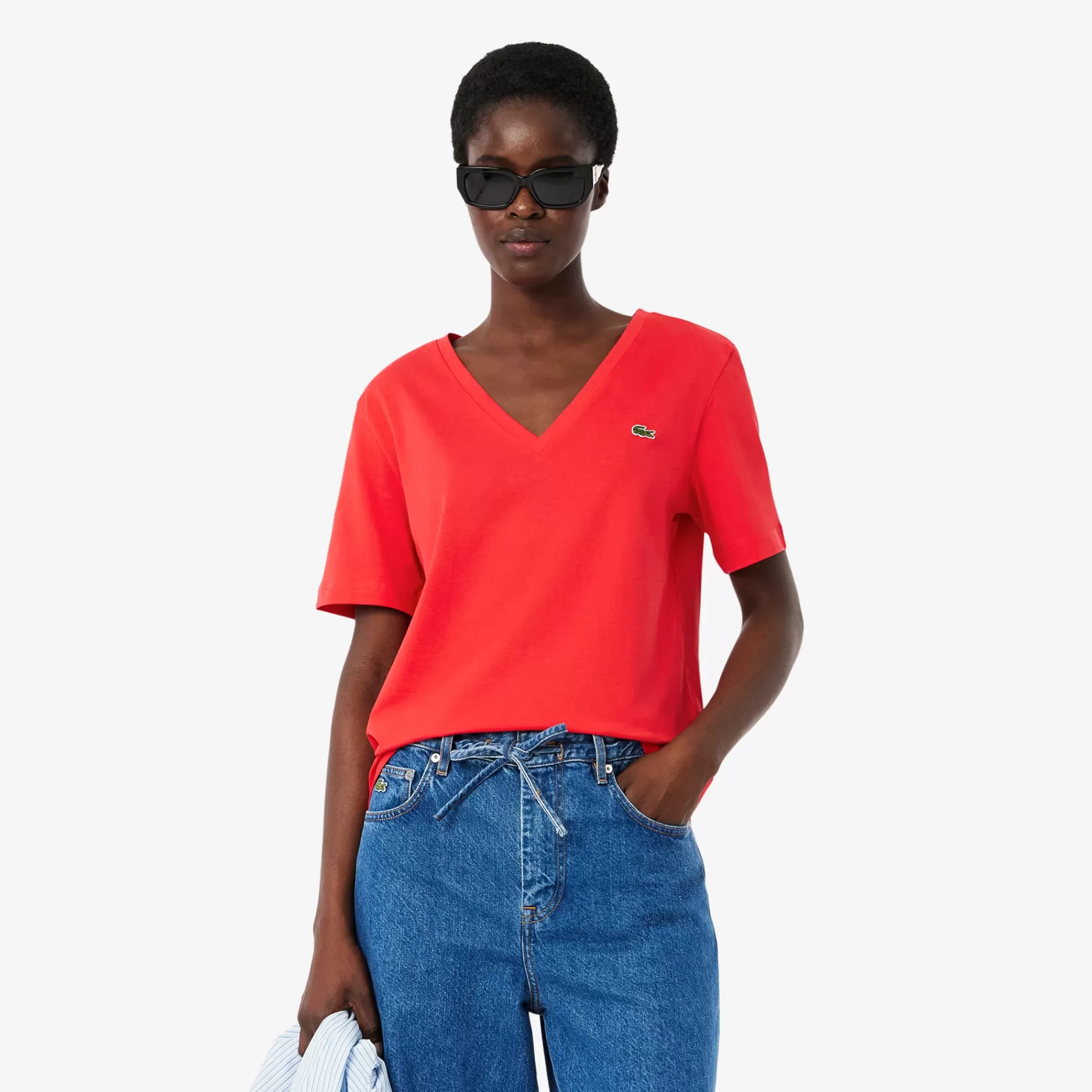 MULHER LACOSTE T-Shirts^T-shirt de Algodão Suave com Decote em V Relaxed Fit