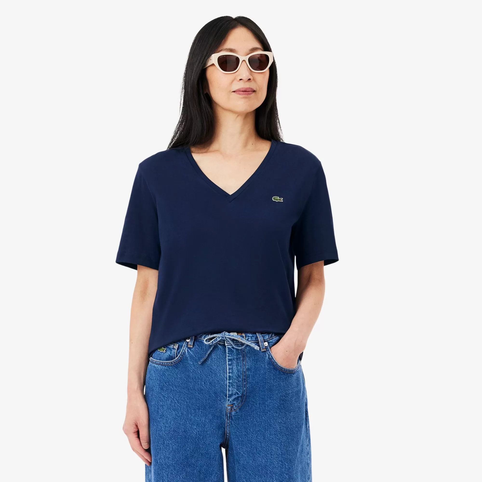 MULHER LACOSTE T-Shirts^T-shirt de Algodão Suave com Decote em V Relaxed Fit