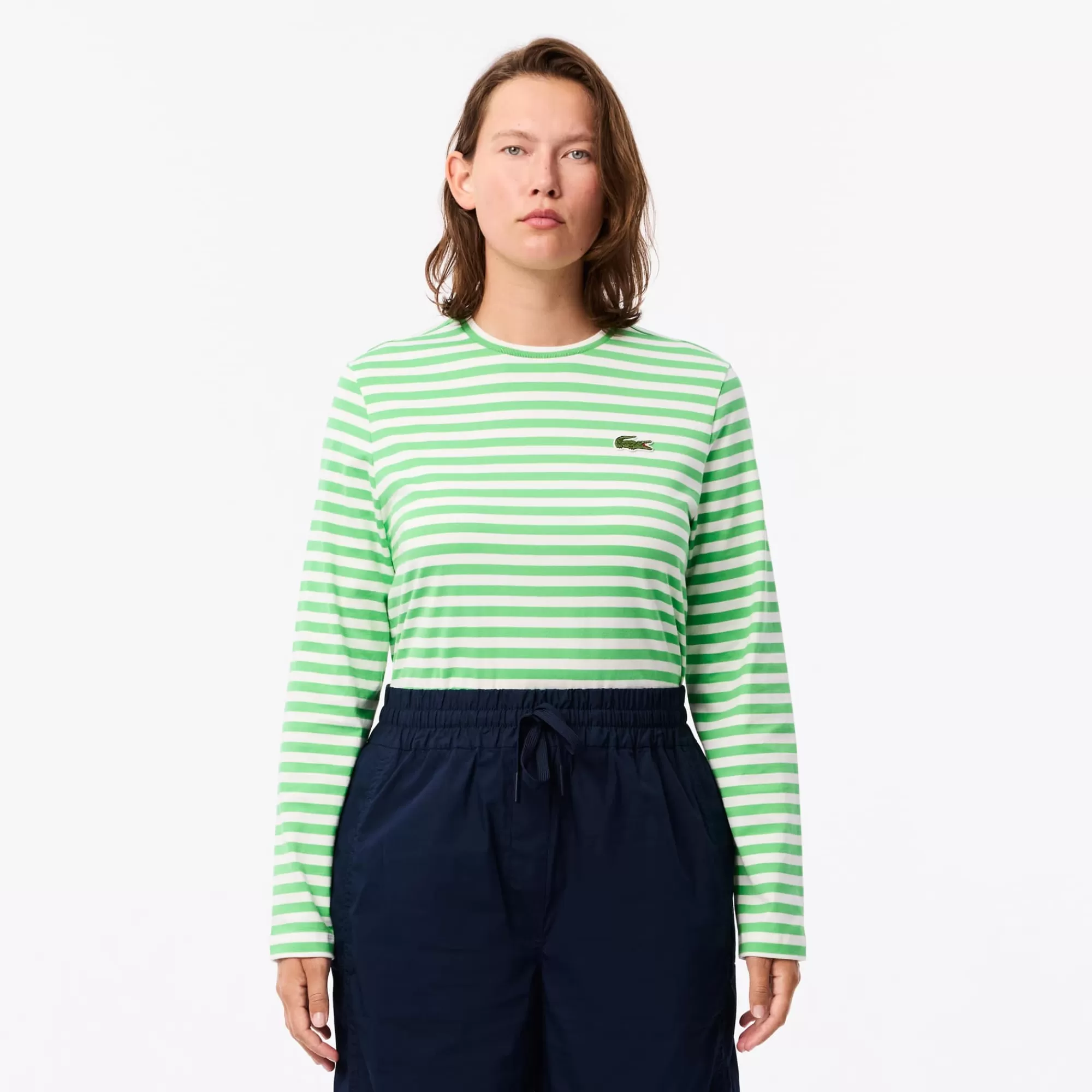 MULHER LACOSTE T-Shirts^T-shirt de Manga Comprida em Algodão às Listras